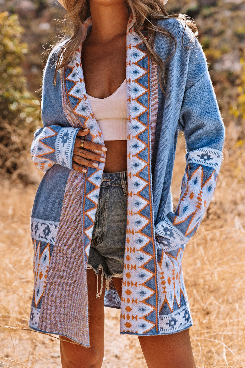 Khaki Aztec Print Open Front Knitted Cardigan