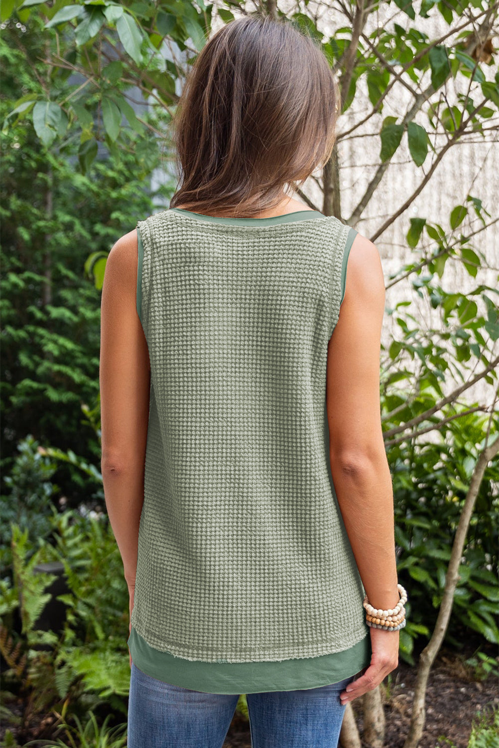 Black Scoop Neck Waffle Knit Flowy Vest