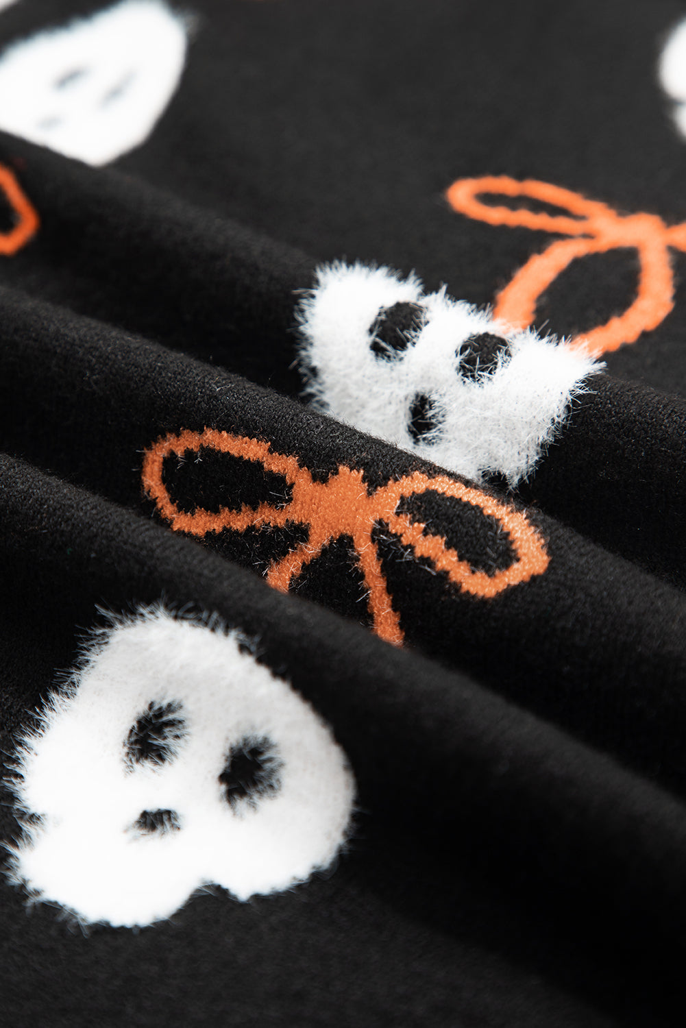 Black Short Puff Sleeve Bow Knot Plush Skeleton Halloween Sweater