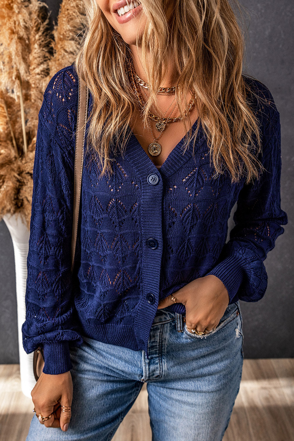 Brown Lightweight Buttoned Front Crochet Cardigan