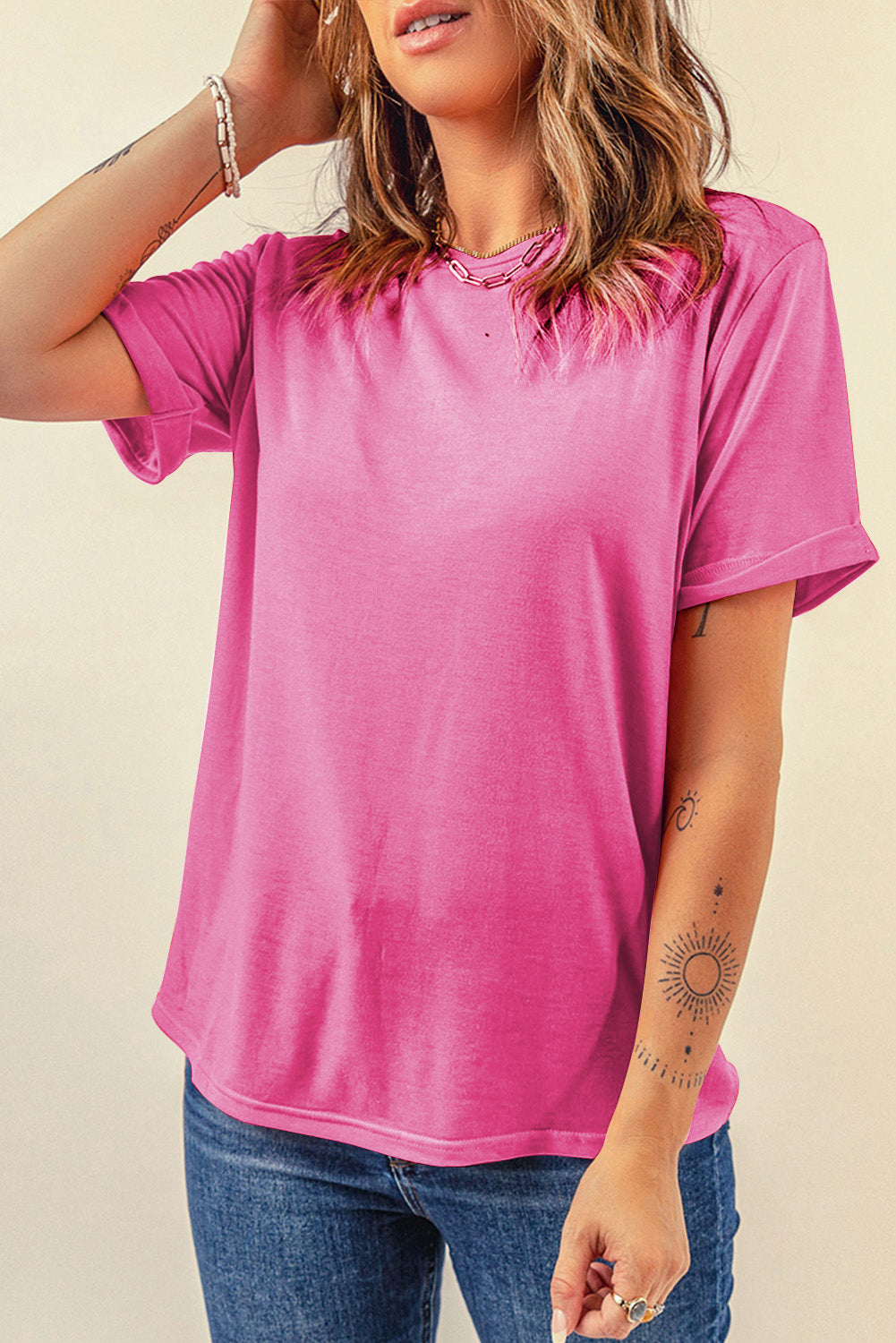 Green Casual Plain Crew Neck Tee
