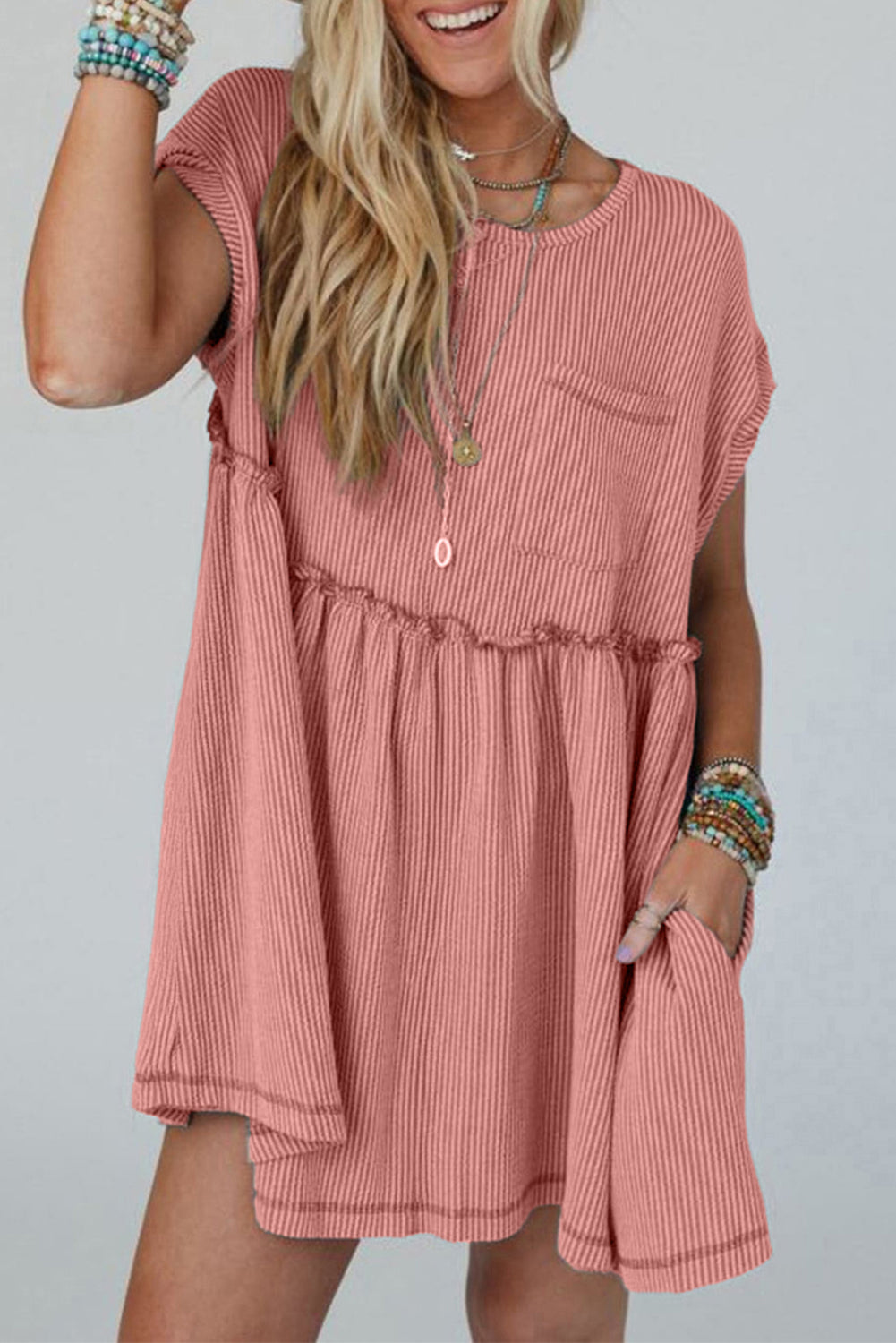 Canton Corded Knit Textured Patched Pocket Frilled Swing Mini Dress with Pockets