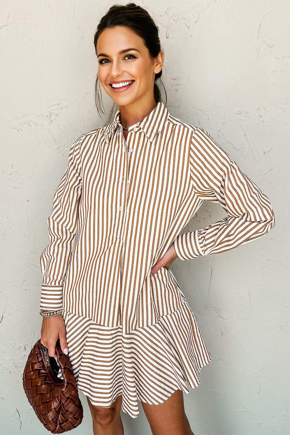 Brown Stripe Ruffled Hem Collared Long Sleeve Shirt Mini Dress