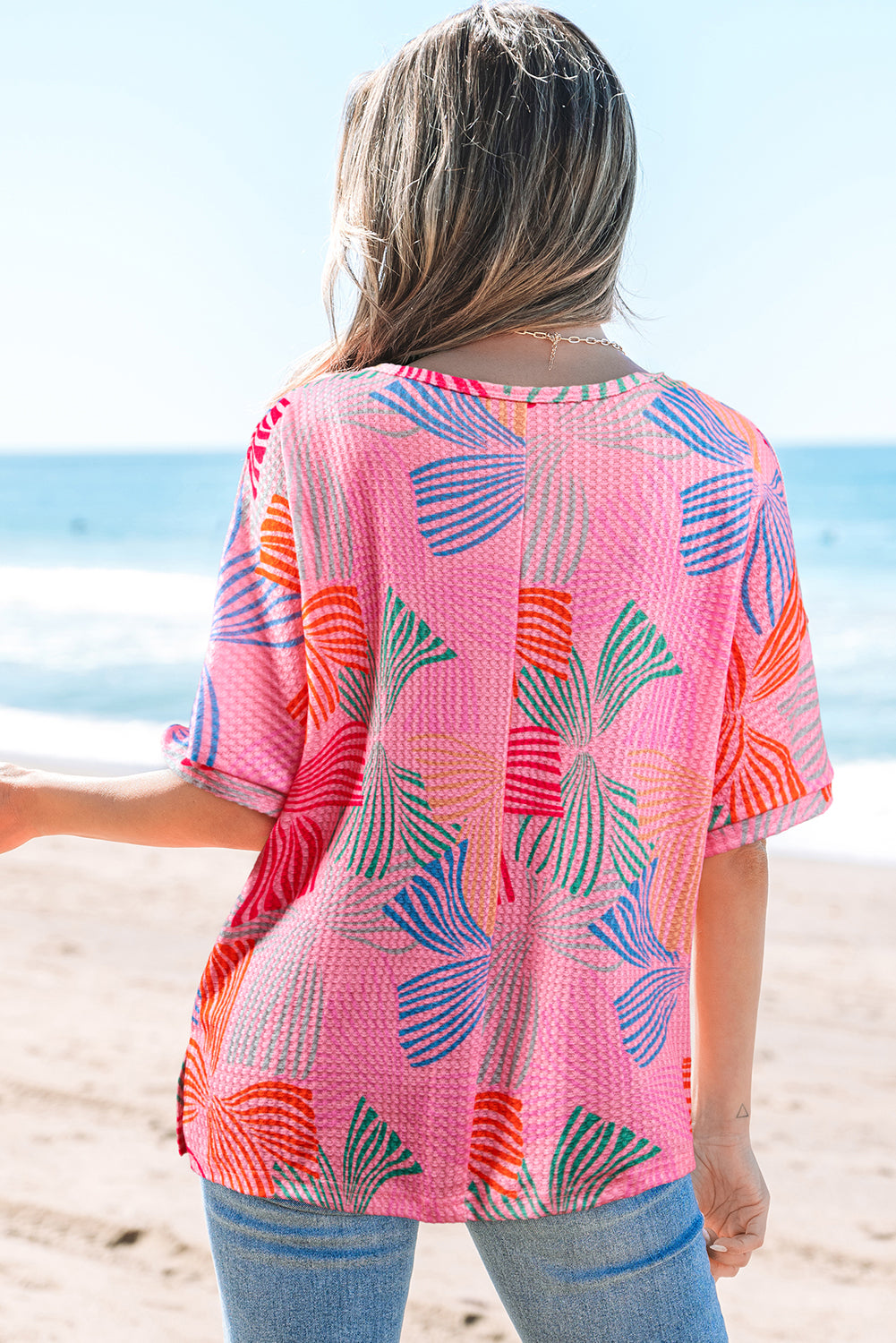 Multicolour Bowknot Printed Waffle Crewneck Loose Short Sleeve Top