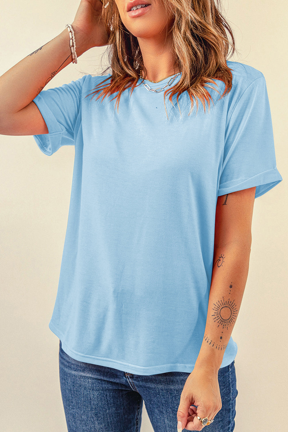 Green Casual Plain Crew Neck Tee