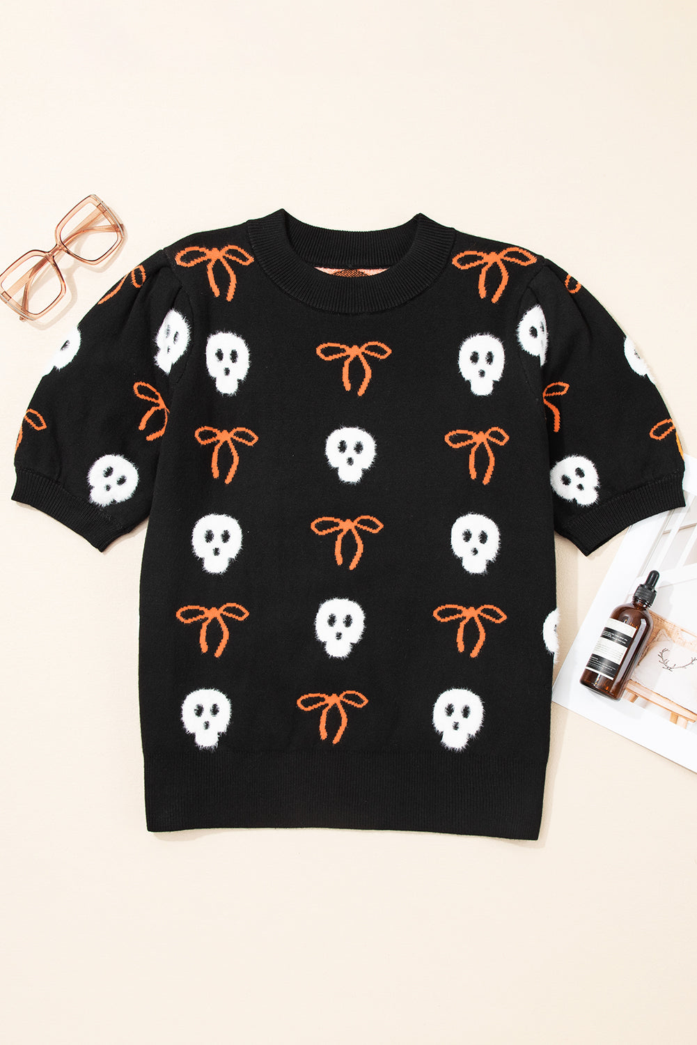 Black Short Puff Sleeve Bow Knot Plush Skeleton Halloween Sweater
