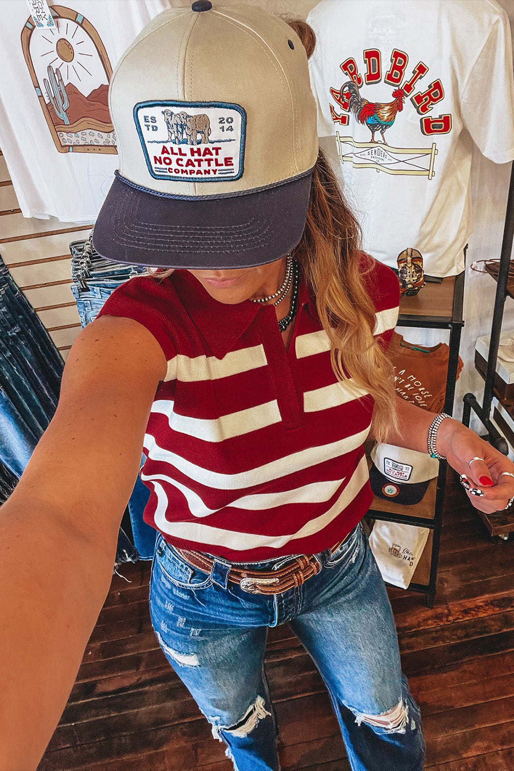 Red Stripe Collared Split Neck Sweater Vest