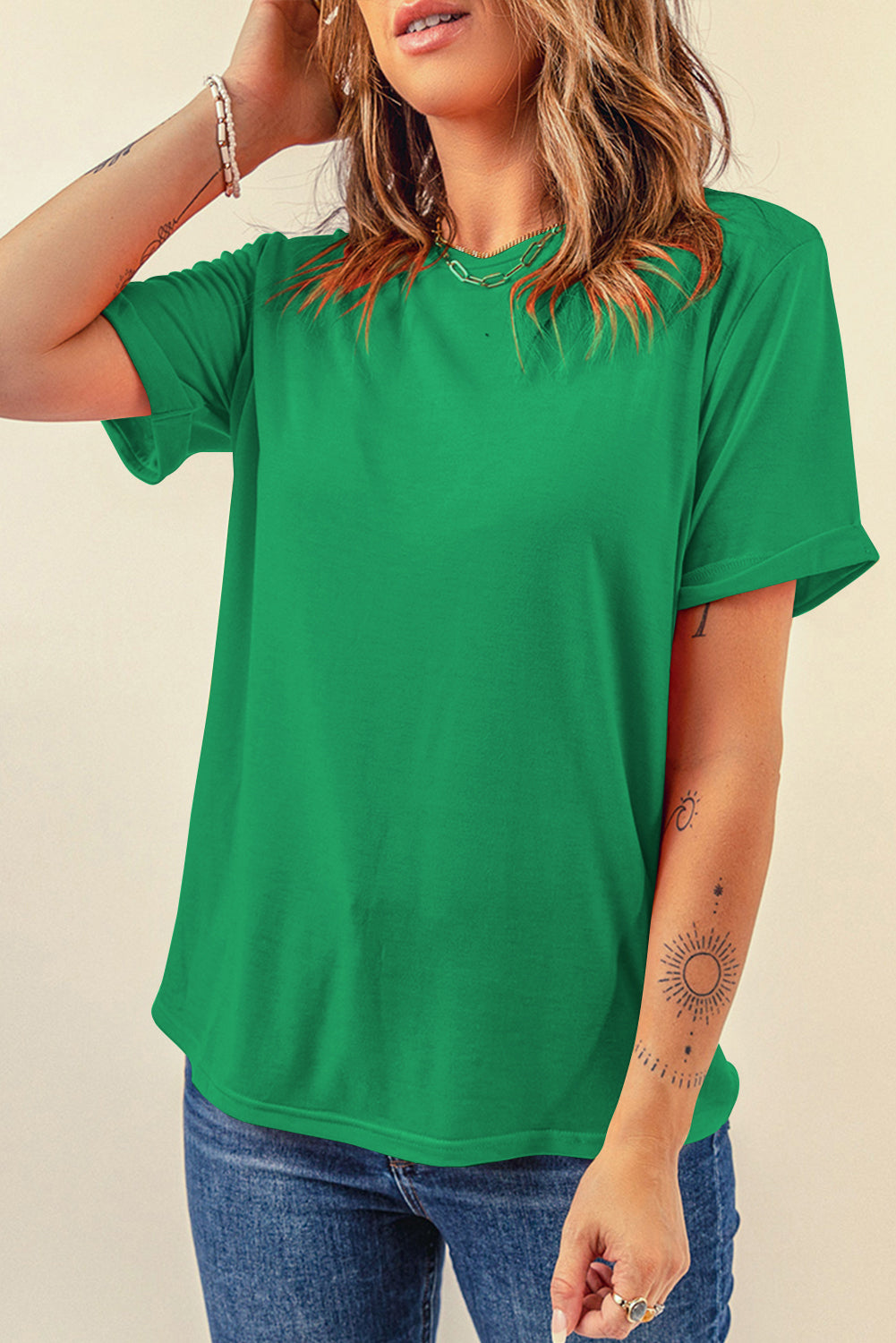Green Casual Plain Crew Neck Tee