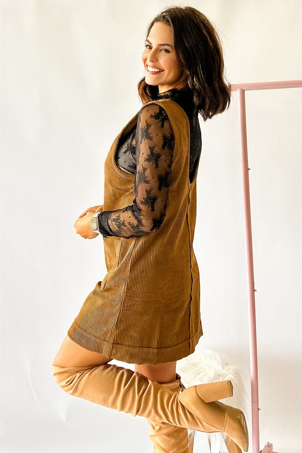 Black Corduroy Sleeveless Mini Dress With Patched Pockets