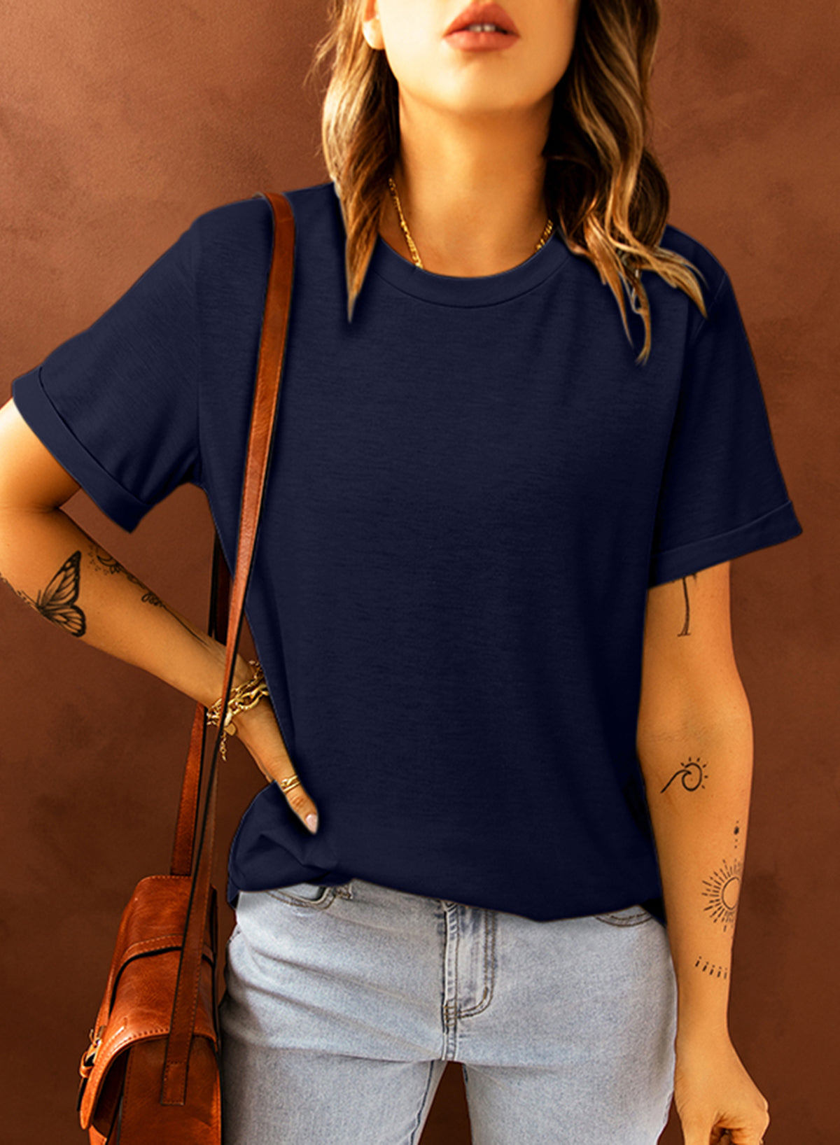 Khaki Solid Color Crew Neck Tee