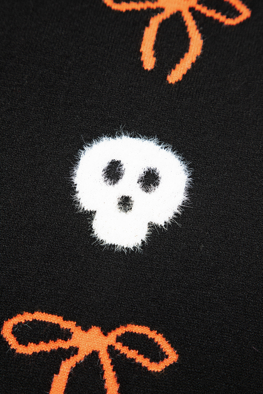 Black Short Puff Sleeve Bow Knot Plush Skeleton Halloween Sweater