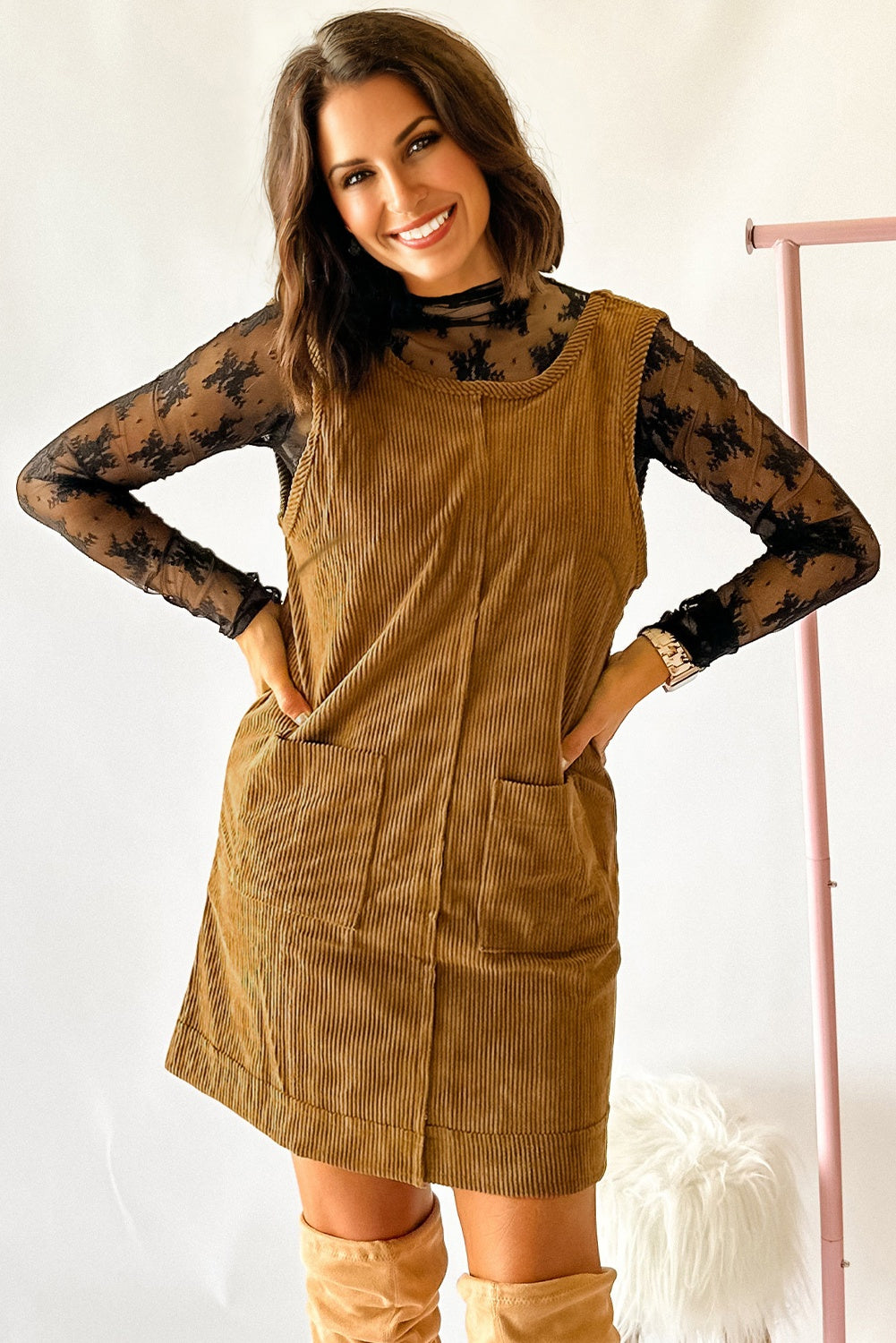 Black Corduroy Sleeveless Mini Dress With Patched Pockets