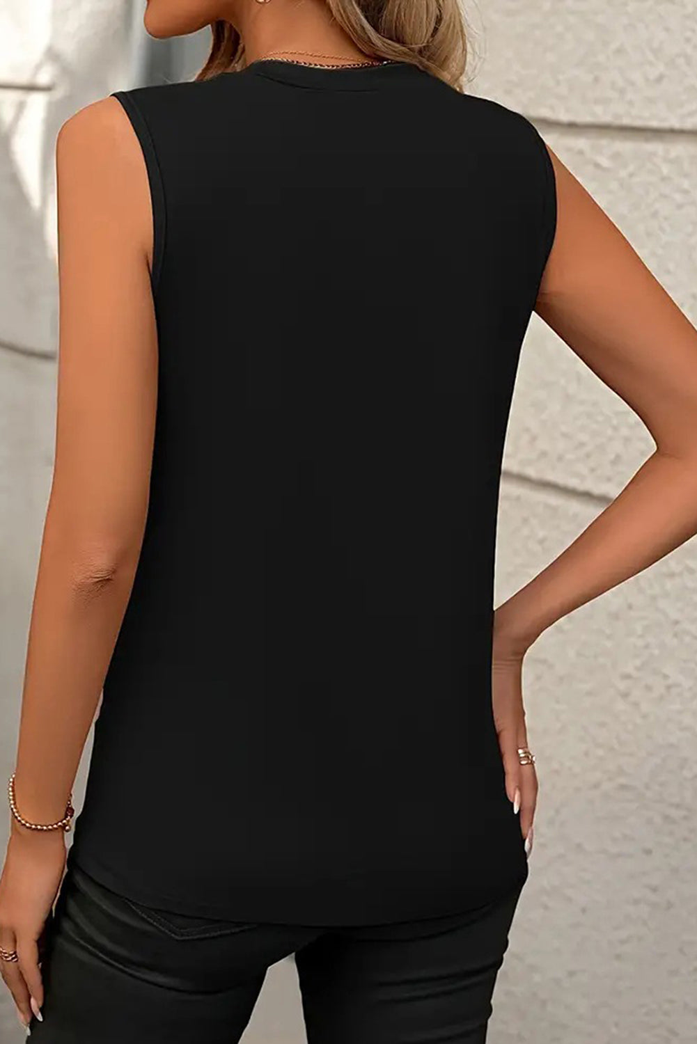 Gray Crew Neck Pleated Tank Top