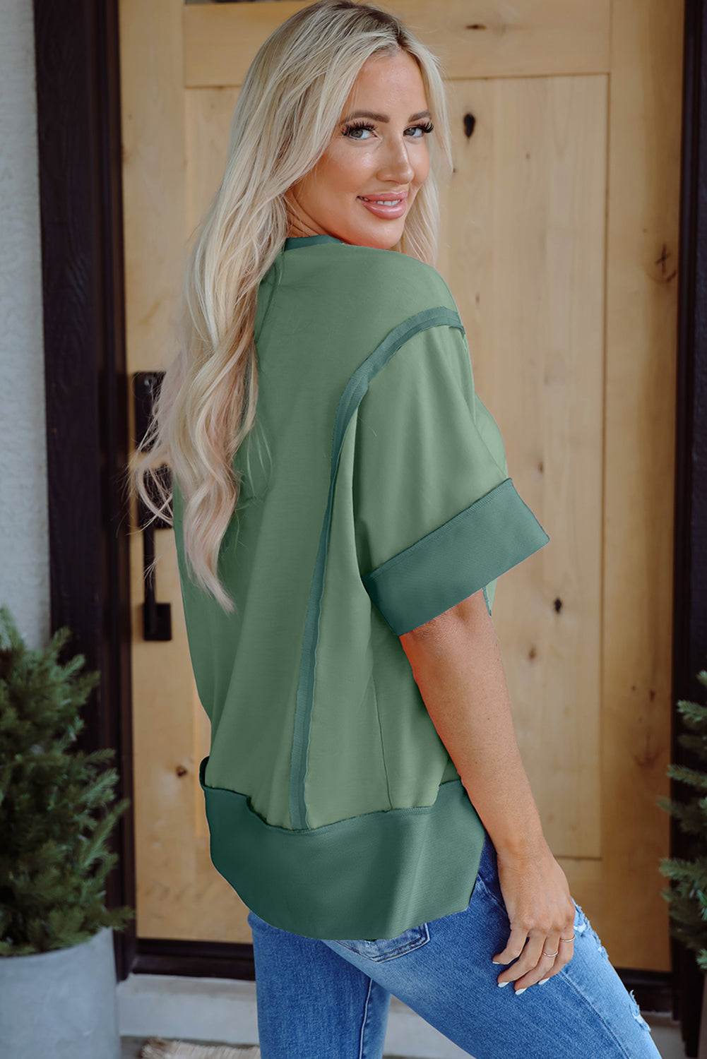 Peach Blossom Half Sleeve Raw Seam High Low Side Split Top