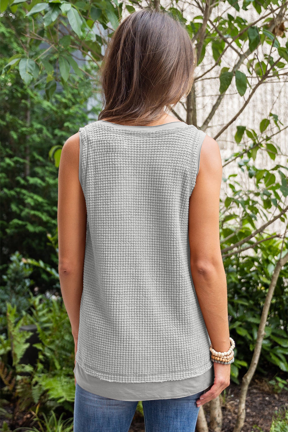 Black Scoop Neck Waffle Knit Flowy Vest