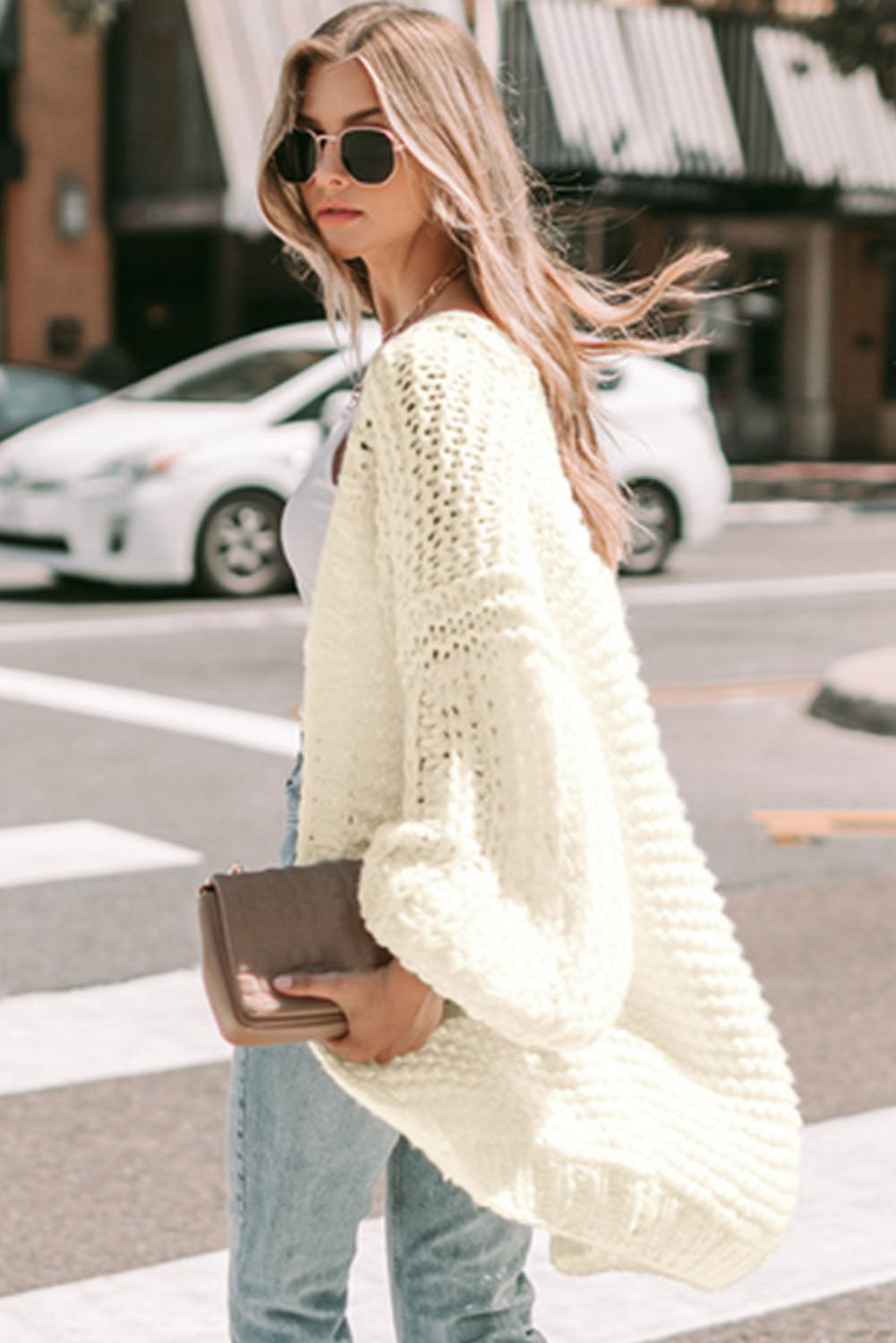 Gray Chunky Oversize Knit Drop Shoulder Puff Sleeve Cardigan