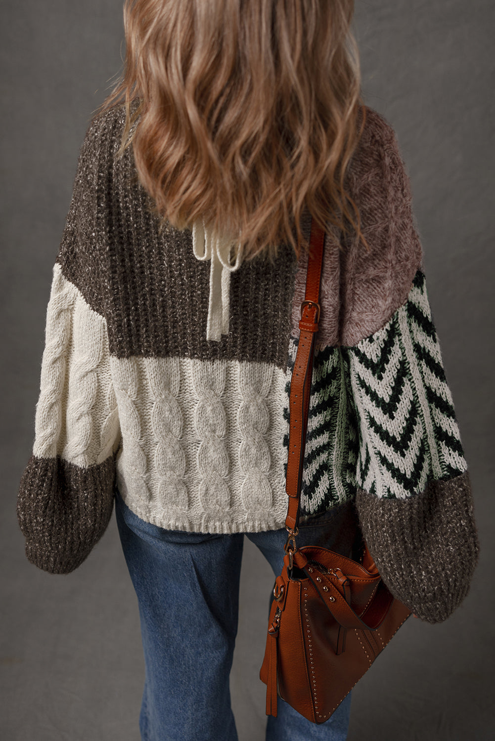 Brown Color Block Patchwork Knotted Back Loose Fit Sweater