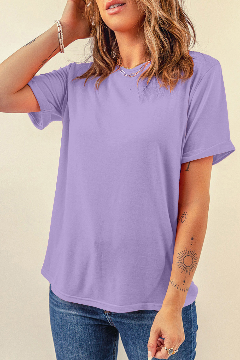 Green Casual Plain Crew Neck Tee