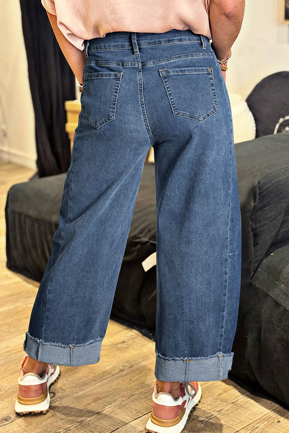Ashleigh Blue Stitched Raw Hem Wide Leg Loose Jeans