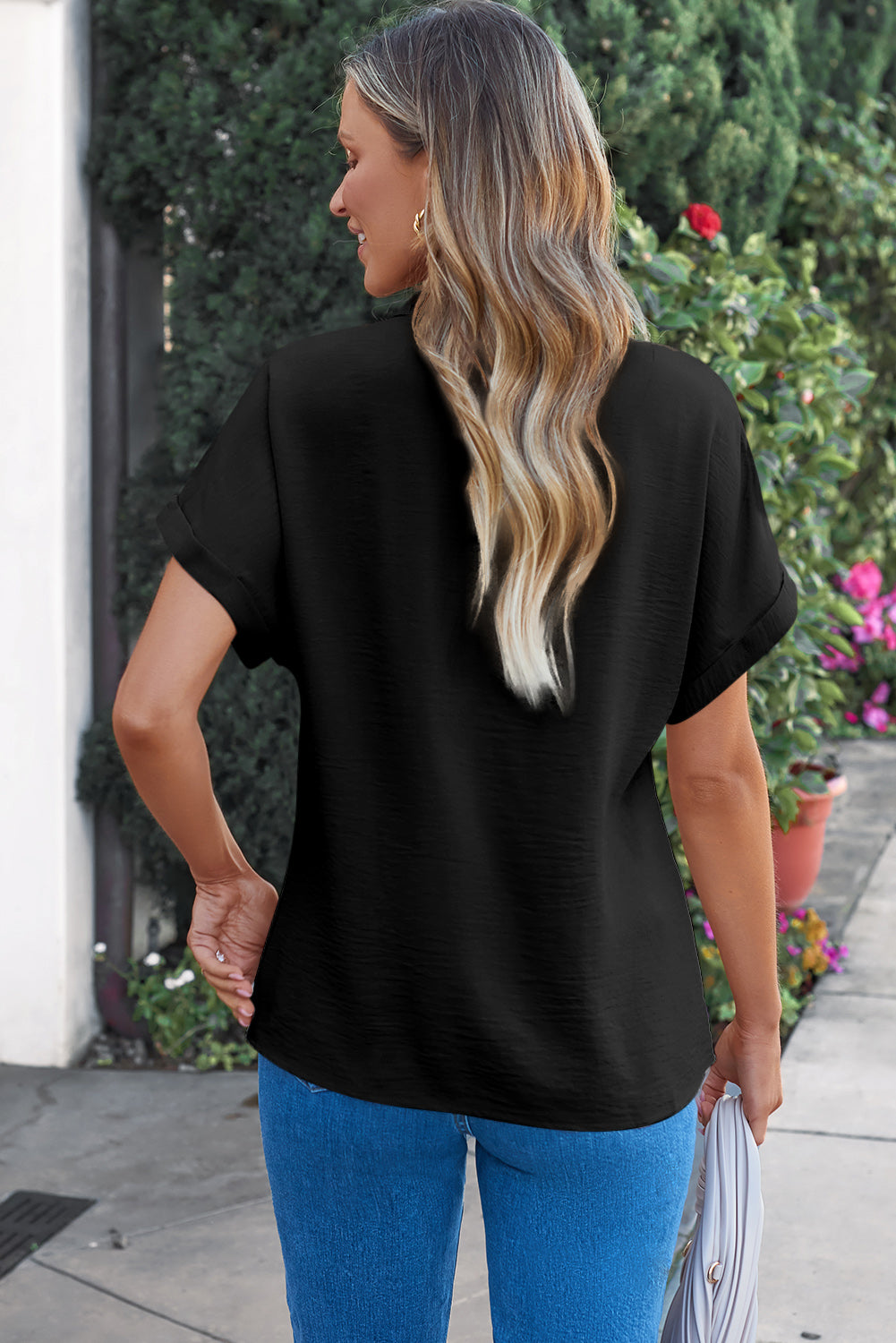 Rose Red Notched Neck Batwing Sleeve Lightweight Blouse