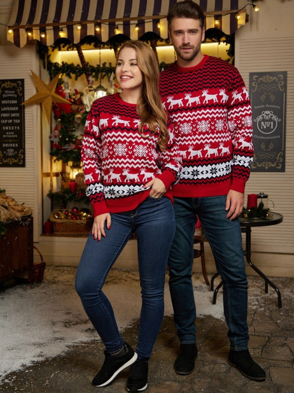 Men's Christmas Crew Neck Elk Jacquard Long Sleeve Sweater