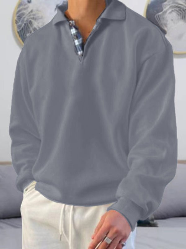 Men's solid color lapel loose long-sleeved POLO shirt