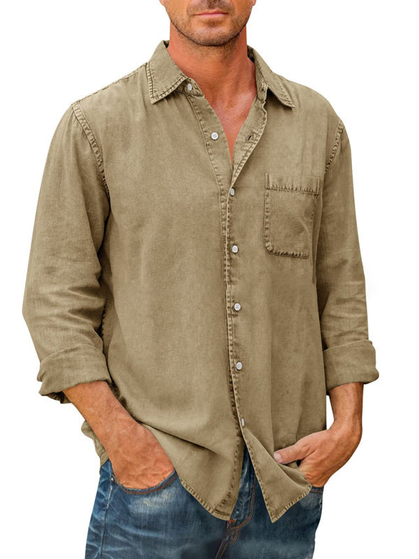 Men's Casual Solid Color Long Sleeve Shirt Slim Fit Lapel Shirt