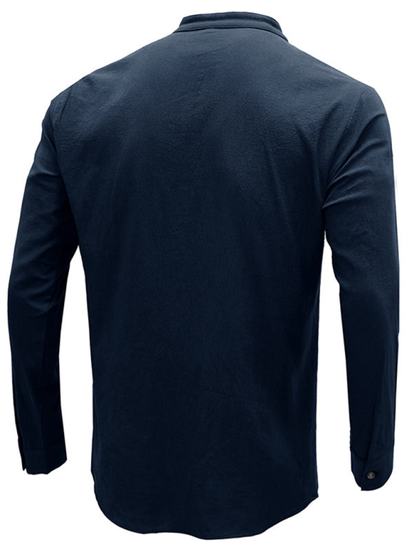 Men's woven solid color long-sleeved cotton and linen shirt