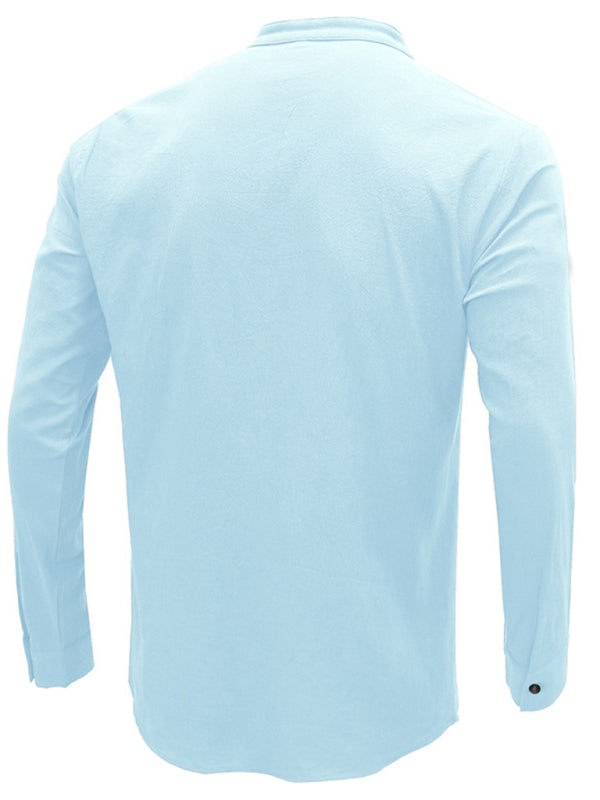 Men's woven solid color long-sleeved cotton and linen shirt