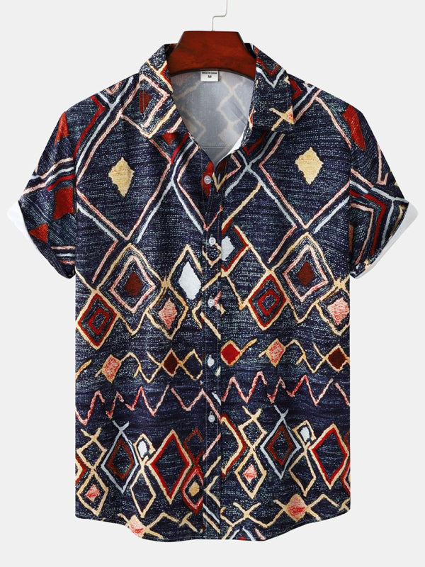 Men's Vintage Print Ethnic Aztec Short Sleeve Shirt