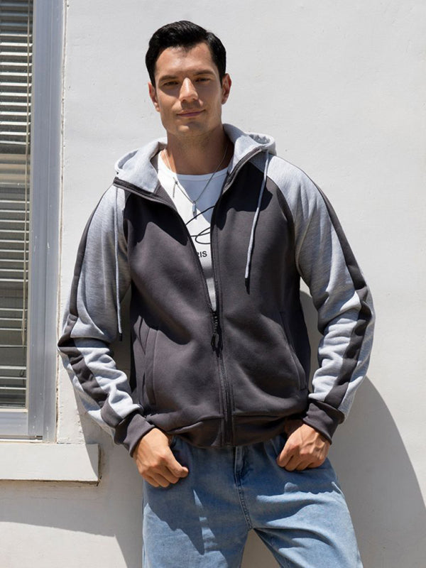 Men's casual contrasting color zipper cardigan hooded sweatshirt