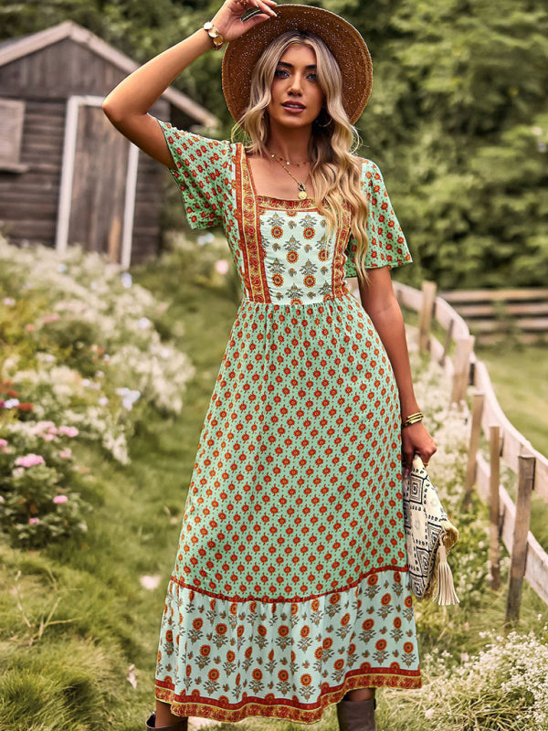Women's Neck Bohemian Short Sleeve Midi Dress