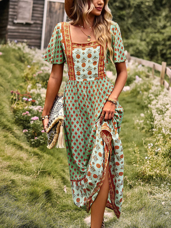 Women's Neck Bohemian Short Sleeve Midi Dress