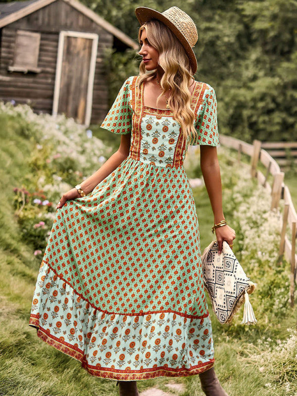 Women's Neck Bohemian Short Sleeve Midi Dress