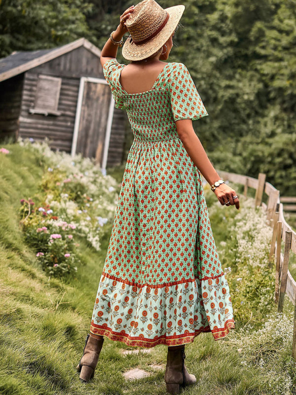 Women's Neck Bohemian Short Sleeve Midi Dress