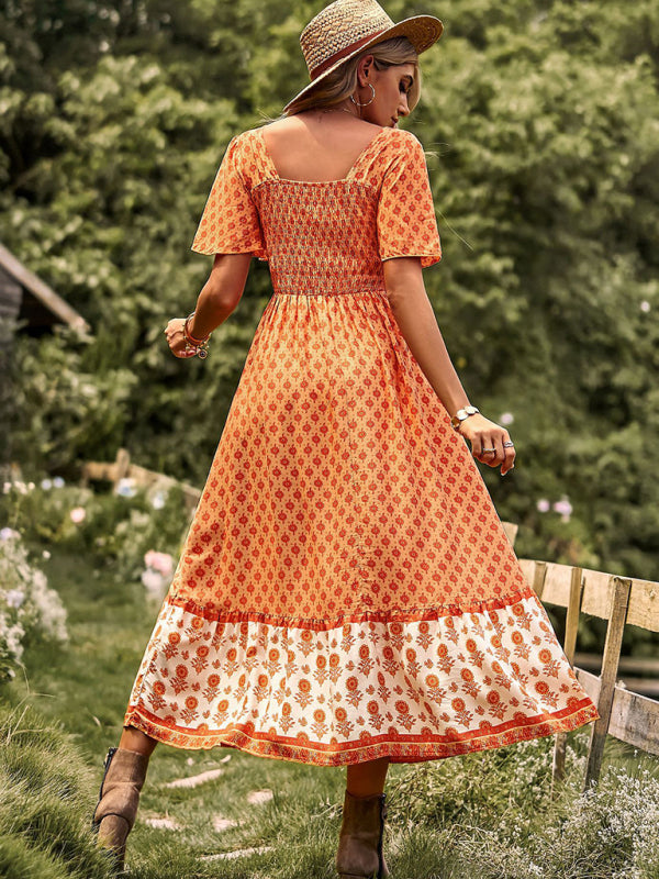 Women's Neck Bohemian Short Sleeve Midi Dress