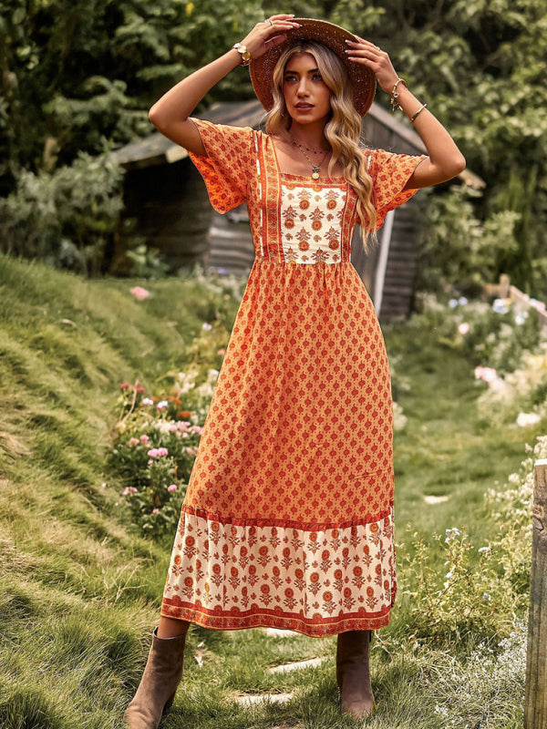 Women's Neck Bohemian Short Sleeve Midi Dress