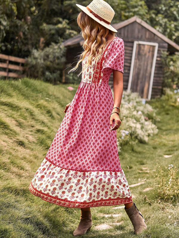 Women's Neck Bohemian Short Sleeve Midi Dress