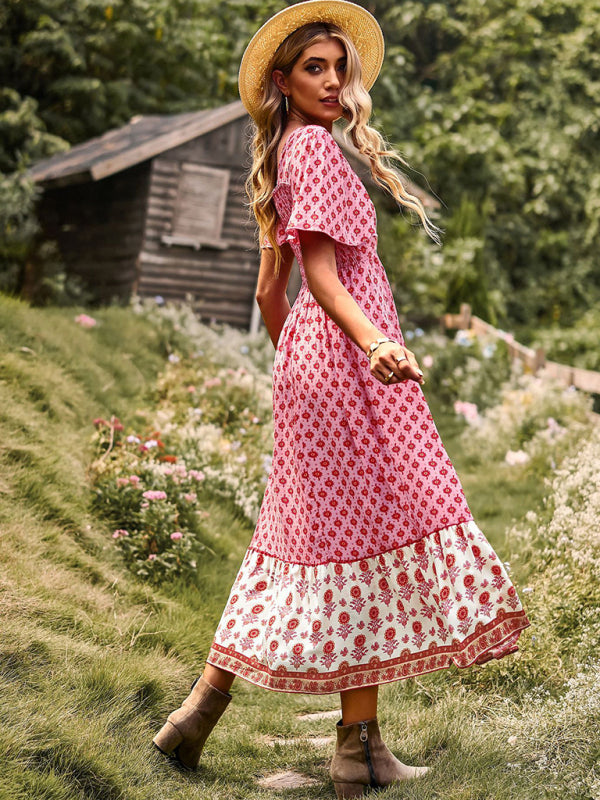 Women's Neck Bohemian Short Sleeve Midi Dress