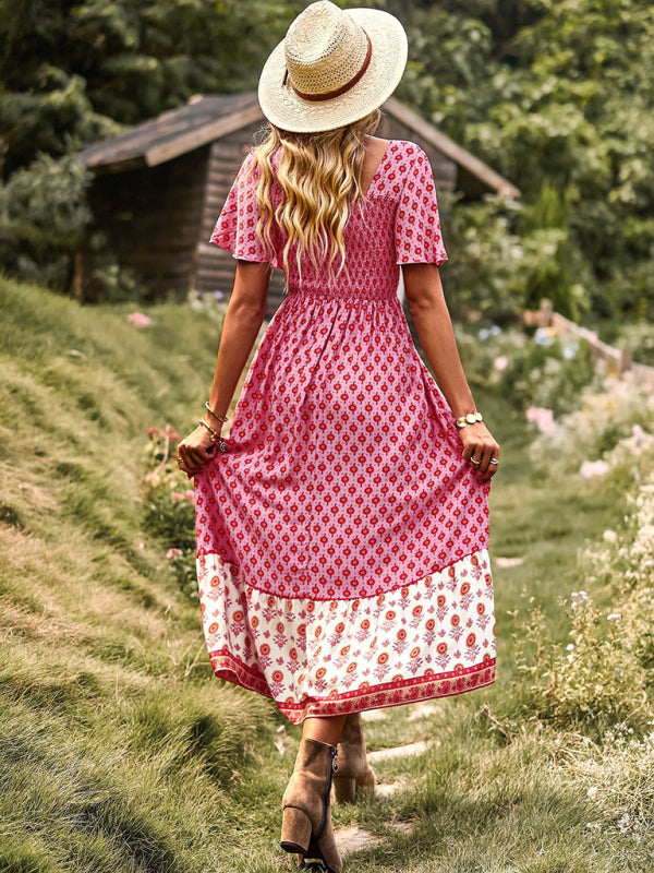 Women's Neck Bohemian Short Sleeve Midi Dress