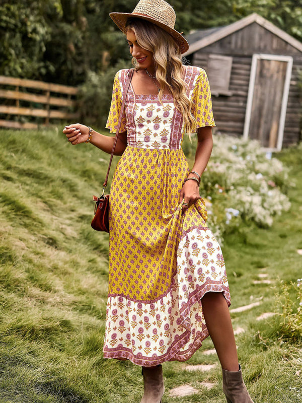 Women's Neck Bohemian Short Sleeve Midi Dress