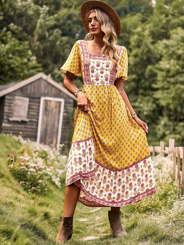 Women's Neck Bohemian Short Sleeve Midi Dress