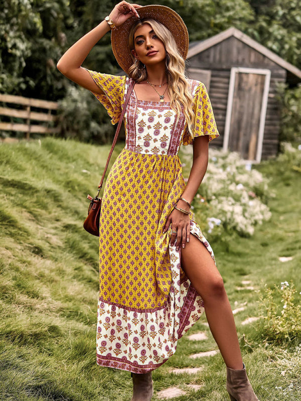 Women's Neck Bohemian Short Sleeve Midi Dress