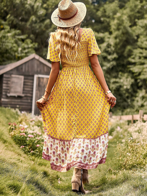 Women's Neck Bohemian Short Sleeve Midi Dress