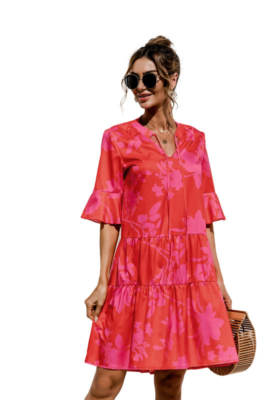 V-neck trumpet sleeve cake style stitching dress