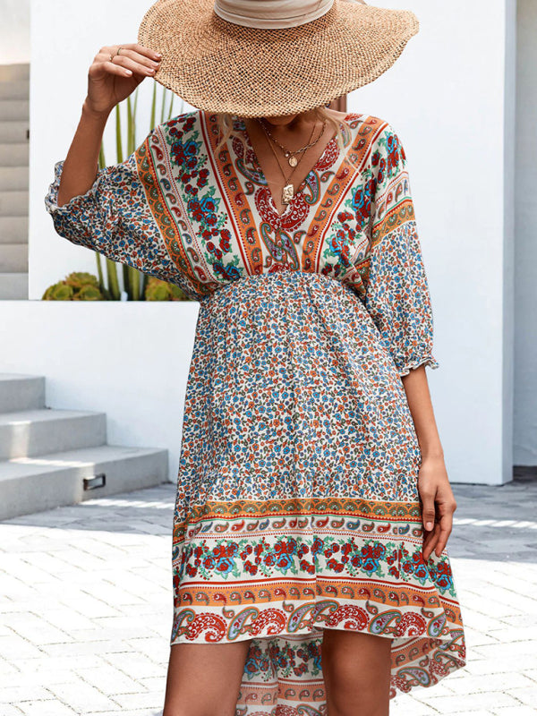 Women's Woven V-Neck Open Back Bohemian Dress