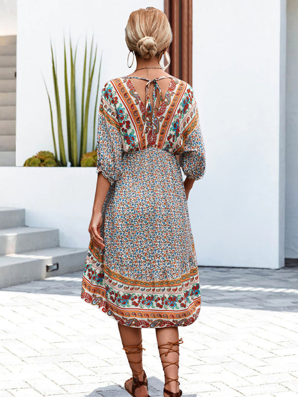Women's Woven V-Neck Open Back Bohemian Dress