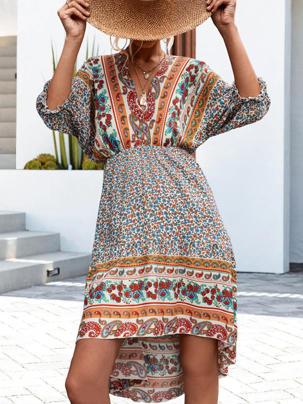 Women's Woven V-Neck Open Back Bohemian Dress
