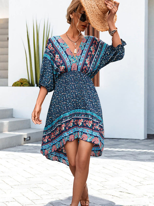 Women's Woven V-Neck Open Back Bohemian Dress