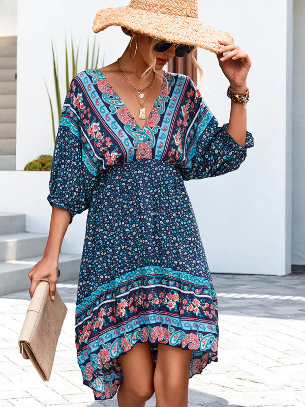Women's Woven V-Neck Open Back Bohemian Dress